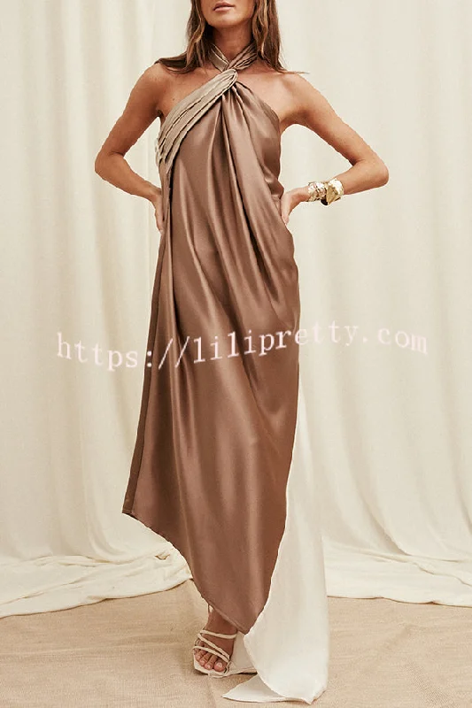 Elegant Whisper Satin Colorblock Halter Asymmetrical Hem Drape Maxi Dress Comfortable T-Shirt Maxi Dress Elegant Whisper Satin Colorblock Halter Asymmetrical Hem Drape Maxi Dress Comfortable T-Shirt Maxi Dress