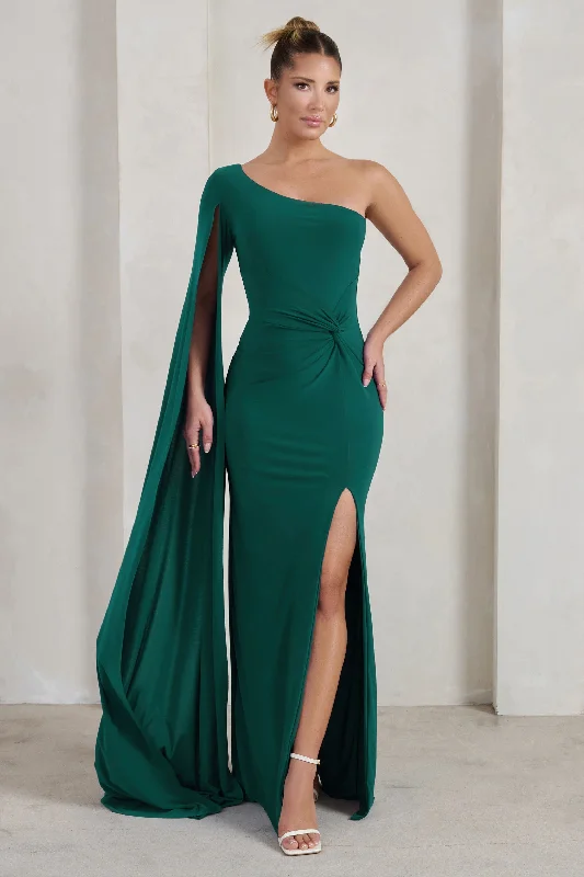 Romi | Bottle Green One Shoulder Twist Design Maxi Dress Stylish V-Neck Maxi Dress