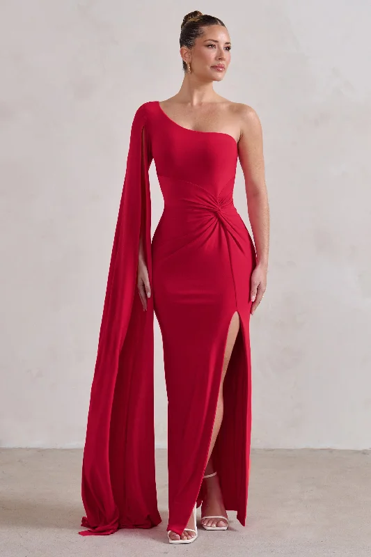 Romi | Red One Shoulder Twist Design Maxi Dress Cozy Longline Maxi Dress