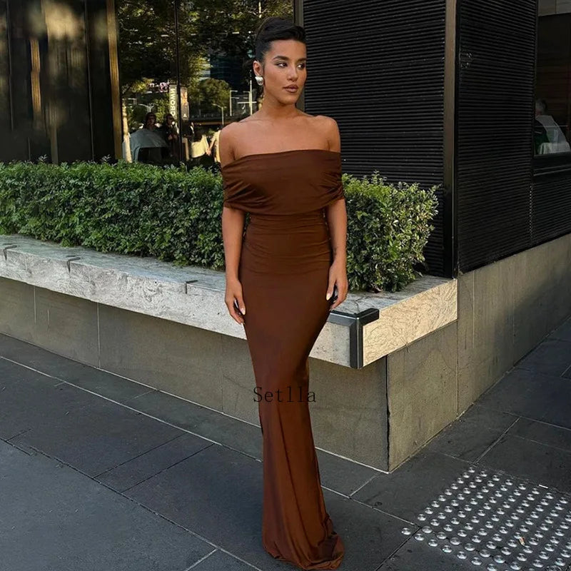 Ruched Off Shoulder Back Split Sexy Backless Maxi Dress Stylish Longline Maxi Dress