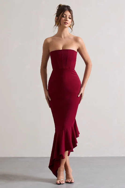 Sandy | Berry Strapless Corset Asymmetric Maxi Dress Elegant Wraparound Maxi Dress