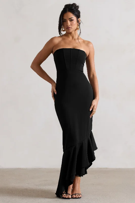 Sandy | Black Strapless Corset Asymmetric Maxi Dress Comfortable Casual Maxi Dress