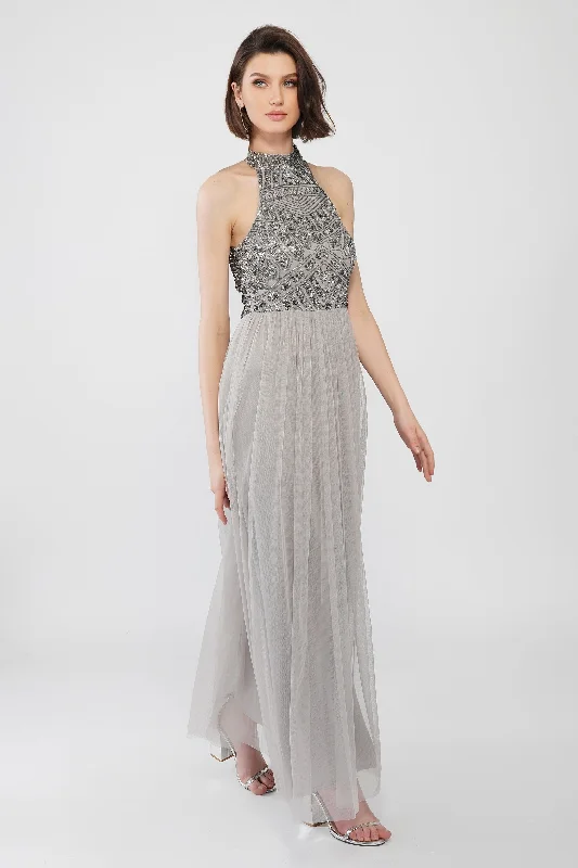 Sareen Grey Embellished Maxi Dress Fashionable High-Low Maxi Dress