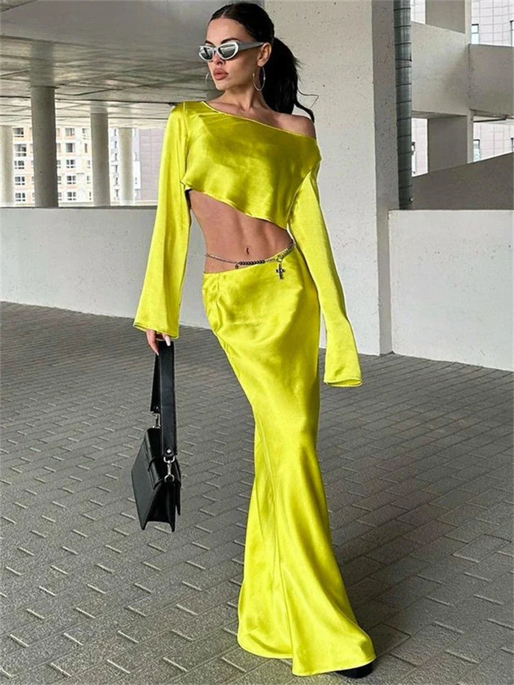 Satin Off Shoulder Long Sleeve Crop Top Maxi Dress Comfortable Pleated Maxi Dress
