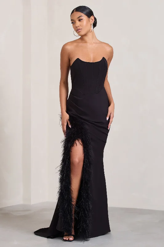 Say Yes | Black Corset Maxi Dress With Split Feather Skirt Trendy Maxi Dress with Belt