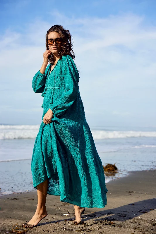 Serenity Embroidered Maxi Dress Teal Stylish A-Line Maxi Dress