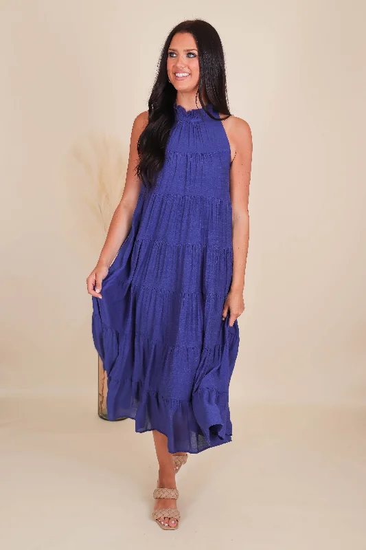 Setting Sail Maxi Dress-Navy Trendy Satin Maxi Dress