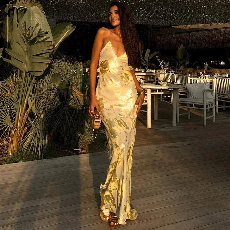 Shiny Sparkling Sexy Backless V Neck Maxi Dress Fashionable Off-Shoulder Maxi Dress