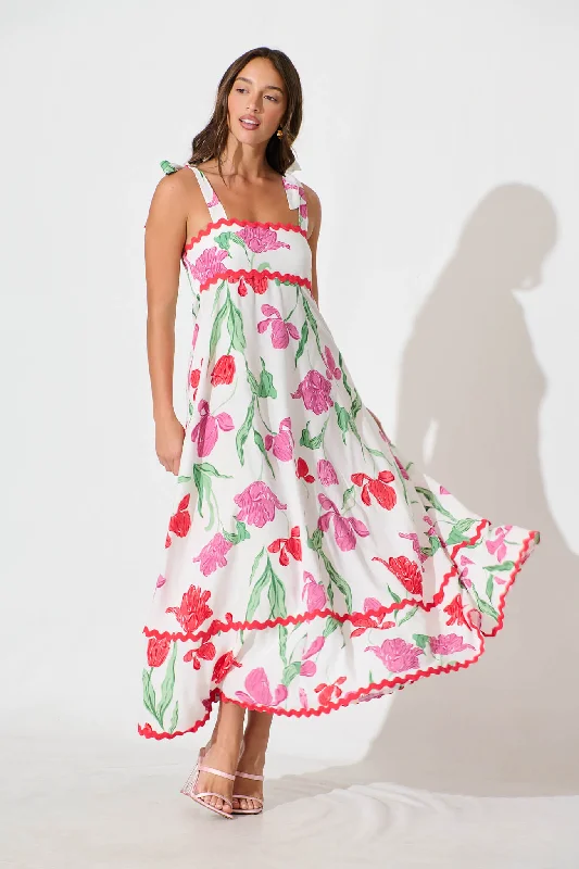 Somerset Maxi Dress in White with Red and Purple Flower Elegant Maxi Dress with Belt