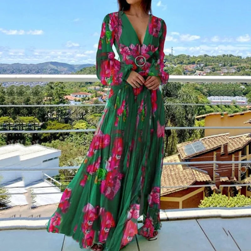 Spring Vintage Floral Print Pleated Maxi Dress Women V Neck Long Sleeve Bohemian Dress Fashion Chiffon Waist Holiday Dress Trendy Maxi Dress with Lace