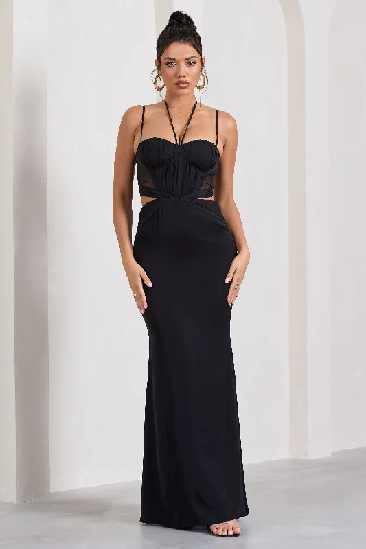 Stardom | Black Chiffon Strappy Sweetheart Cut-Out Maxi Dress Cozy Maxi Dress with Slit Stardom | Black Chiffon Strappy Sweetheart Cut-Out Maxi Dress Cozy Maxi Dress with Slit