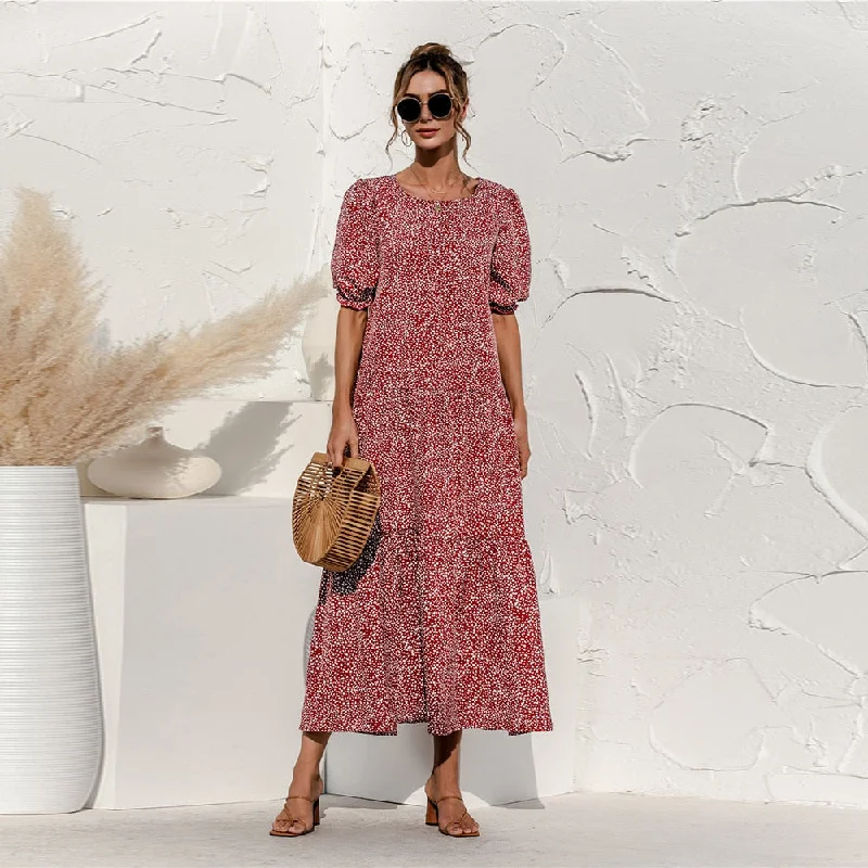 Summer Polka Dot Plaid Print Robe Maxi Dress Women Elegant Puff Sleeve Casual Patchwork Loose Holiday Party Long Vestidos Comfortable Maxi Dress with Sleeves Summer Polka Dot Plaid Print Robe Maxi Dress Women Elegant Puff Sleeve Casual Patchwork Loose Holiday Party Long Vestidos Comfortable Maxi Dress with Sleeves