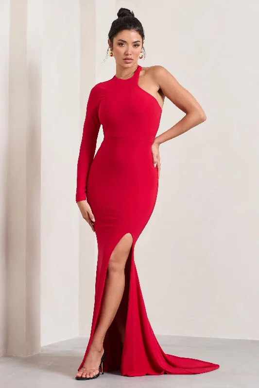 Toya | Red Asymmetric Split Maxi Dress Trendy Floral Print Maxi Dress