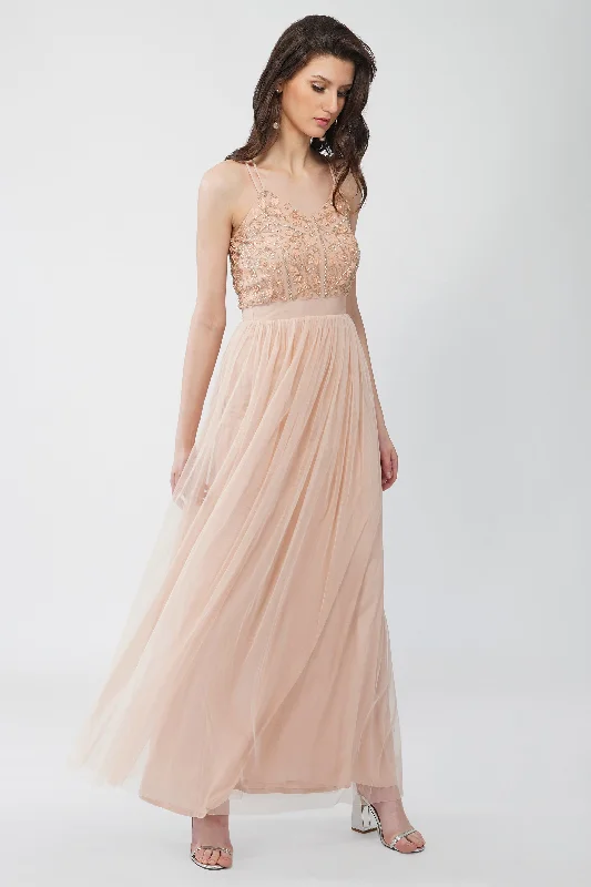 Ursa Blush Pink Embellished Maxi Dress Comfortable Fit-and-Flare Maxi Dress