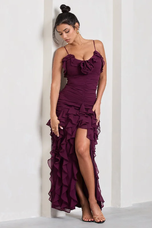 Walks Alone | Plum Ruched Strappy Split Maxi Dress With Ruffles Comfortable Plunging Neckline Maxi Dress Walks Alone | Plum Ruched Strappy Split Maxi Dress With Ruffles Comfortable Plunging Neckline Maxi Dress
