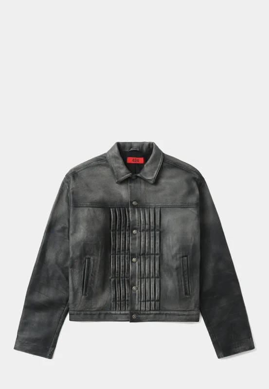 424 Leather Trucker Jacket Rub Off Black With Treatment - Black Embroidered Jacket Appliqued Jacket Beaded Jacket 424 Leather Trucker Jacket Rub Off Black With Treatment - Black Embroidered Jacket Appliqued Jacket Beaded Jacket