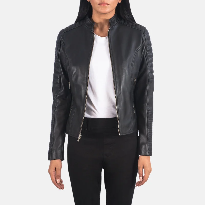 Adalyn Quilted Black Leather Biker Jacket Cotton Jacket Linen Jacket Terry Jacket