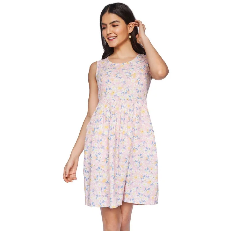 AND Women's Linen A-Line Mini Dress (SS22AG076DR23D_Pink_10) Cozy A-Line Mini Dress