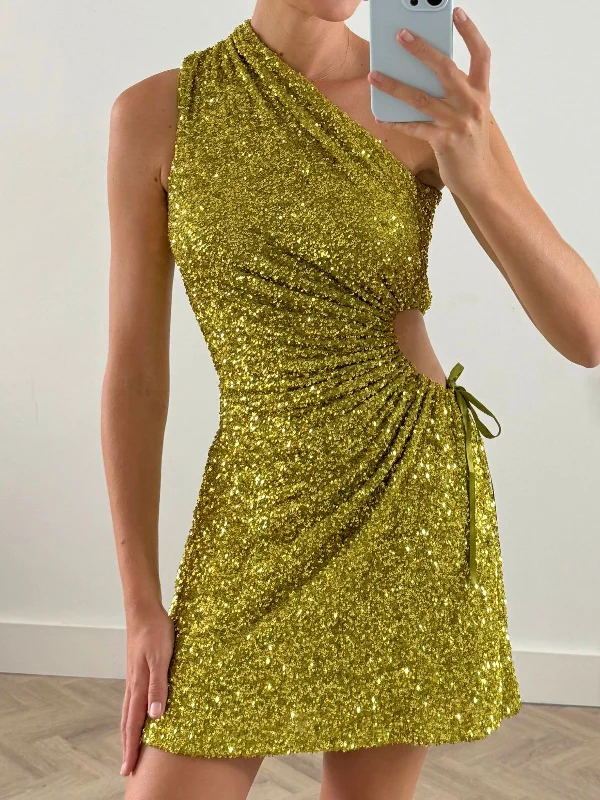 Ayla One Shoulder Mini Dress / Lime Sequin Cozy Knitted Mini Dress