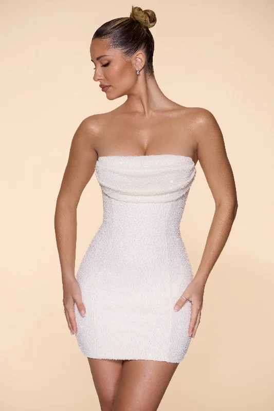 Embellished Strapless Cowl Neck Mini Dress in Ivory Comfortable One-Shoulder Mini Dress