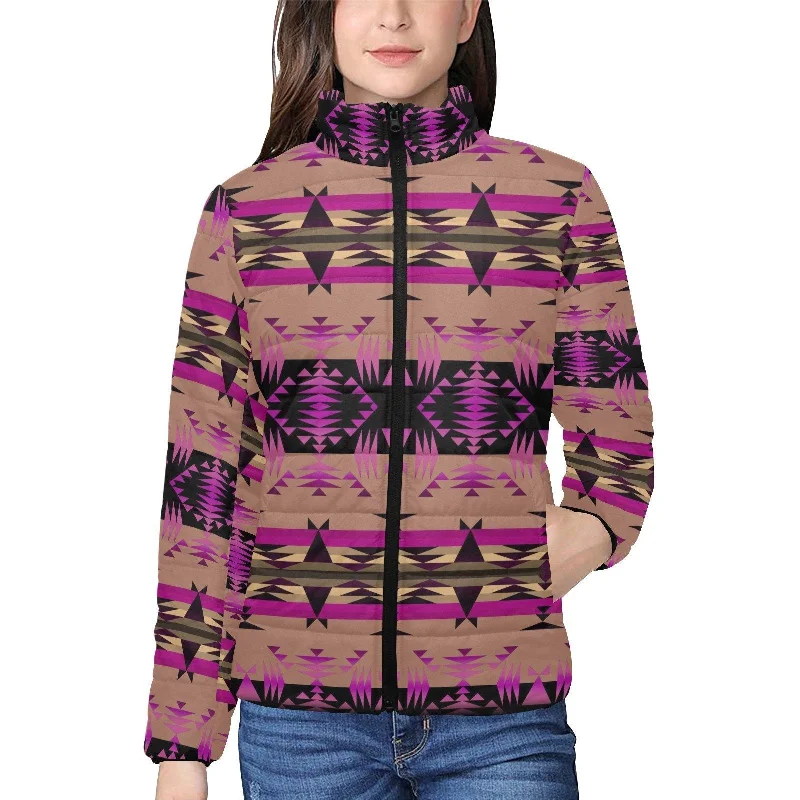 Between the Mountains Berry Women's Stand Collar Padded Jacket Welt Pockets Slit Pockets Flap Pockets