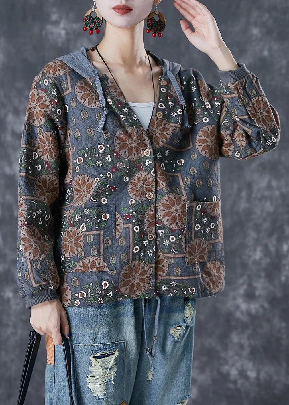 Blue Grey Patchwork Cotton Jackets Hooded Print Fall Nylon Jacket Polyester Jacket Spandex Jacket