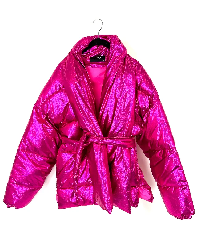 Akira Bright Metallic Pink Puffer Jacket - Size 6/8 Toggled Jacket Drawstring Jacket Belted Jacket Akira Bright Metallic Pink Puffer Jacket - Size 6/8 Toggled Jacket Drawstring Jacket Belted Jacket