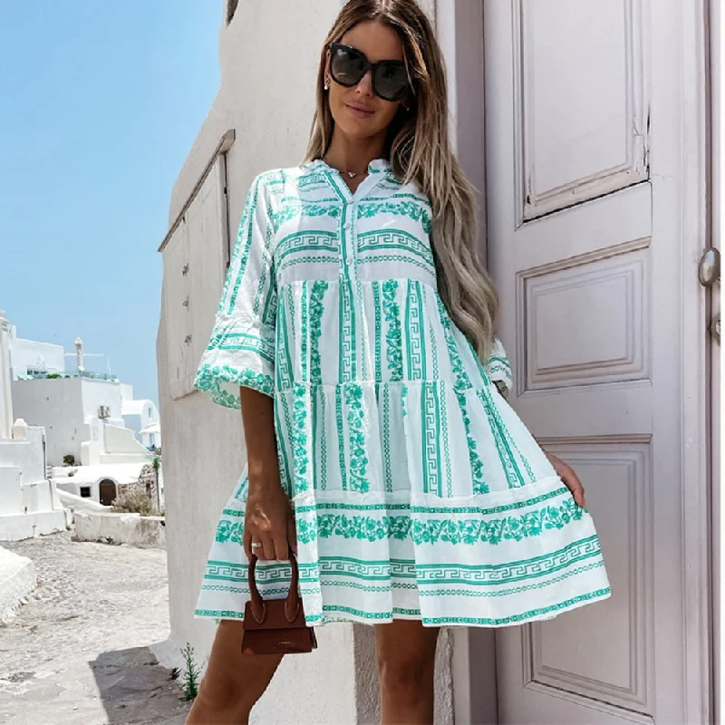 Casual V-neck High Waist Green Mini Dresses Classic Casual Mini Dress