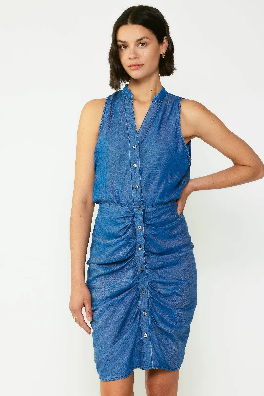 Chambray Ruched Mini Dress Stylish Short Sleeve Mini Dress