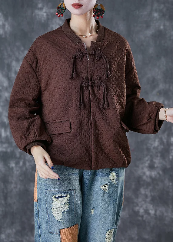 Chocolate Jacquard Cotton Jacket Tasseled Oversized Fall Boat Neck Shawl Collar Notched Collar Chocolate Jacquard Cotton Jacket Tasseled Oversized Fall Boat Neck Shawl Collar Notched Collar