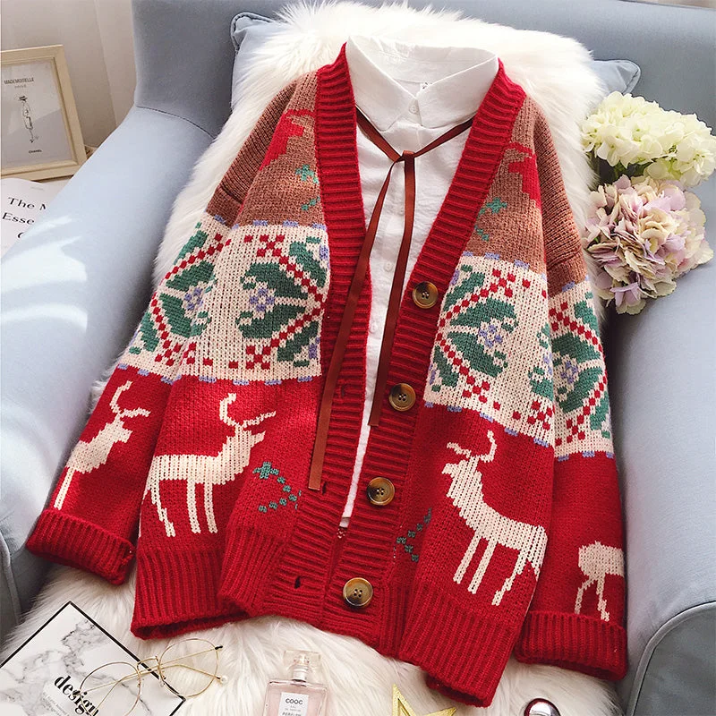 Christmas fawn knitted jacket yv46022 Welt Pockets Slit Pockets Flap Pockets