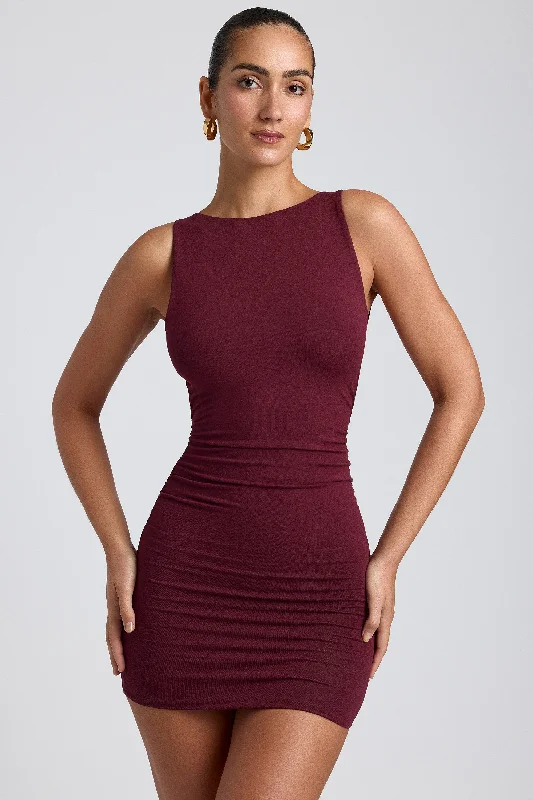 Modal High-Neck Open-Back Mini Dress in Plum Cozy A-Line Mini Dress