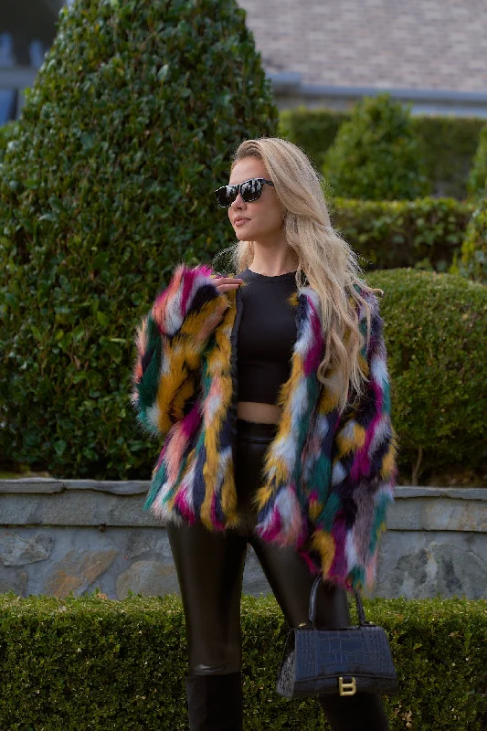Colorful Fur Jacket Hoodie Zip-Up Jacket Button-Up Jacket