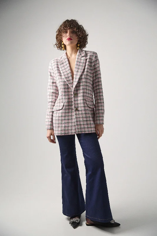 Elongated pink and grey Vichy jacket Wool Fabric Cashmere Fabric Tweed Fabric