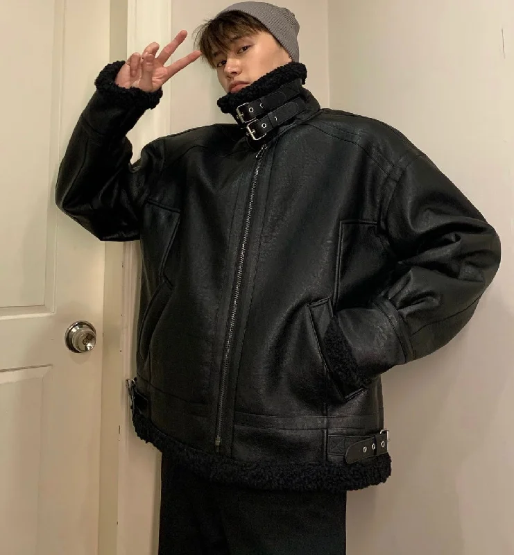 Ezra Solid Color Patchwork Faux Leather Fleece Interior Zip Up Long Sleeve Jacket Oversized Jacket Tailored Jacket Straight Jacket