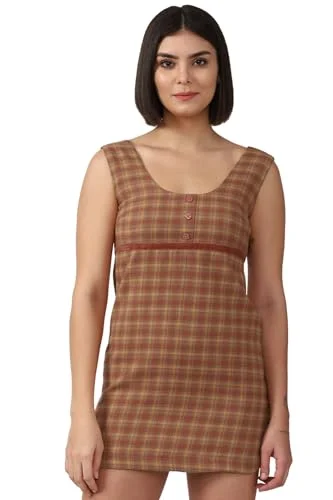 FOREVER 21 women's Cotton Classic Mini Dress (597968_Brown Fashionable Pleated Mini Dress