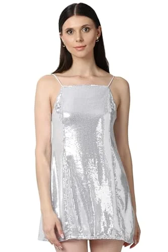 FOREVER 21 women's Polyester Classic Mini Dress (594519_Silver Classic Solid Mini Dress