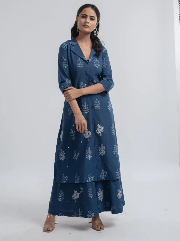 Indigo khadi Block Printed Jacket Style Kurta Set Cotton Fabric Linen Fabric Terry Fabric