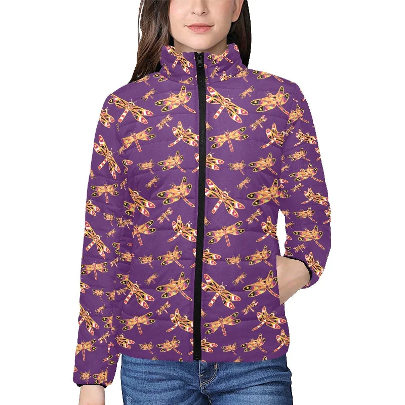 Gathering Yellow Purple Women's Stand Collar Padded Jacket Front Pockets Side Pockets Patch Pockets