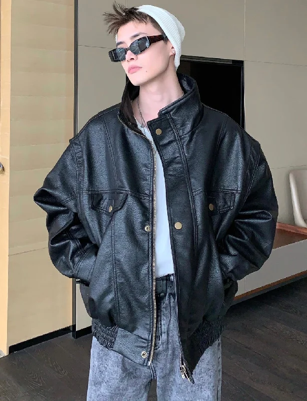 Gaven Solid Color Black Faux Leather Zip Up Button Up Long Sleeve Jacket Wool Jacket Cashmere Jacket Tweed Jacket Gaven Solid Color Black Faux Leather Zip Up Button Up Long Sleeve Jacket Wool Jacket Cashmere Jacket Tweed Jacket