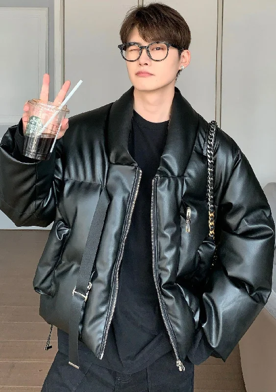 Grady Solid Color Faux Leather Zip Up Long Sleeve Strap Long Sleeve Puffer Jacket Belted Jacket Elasticated Jacket Padded Jacket