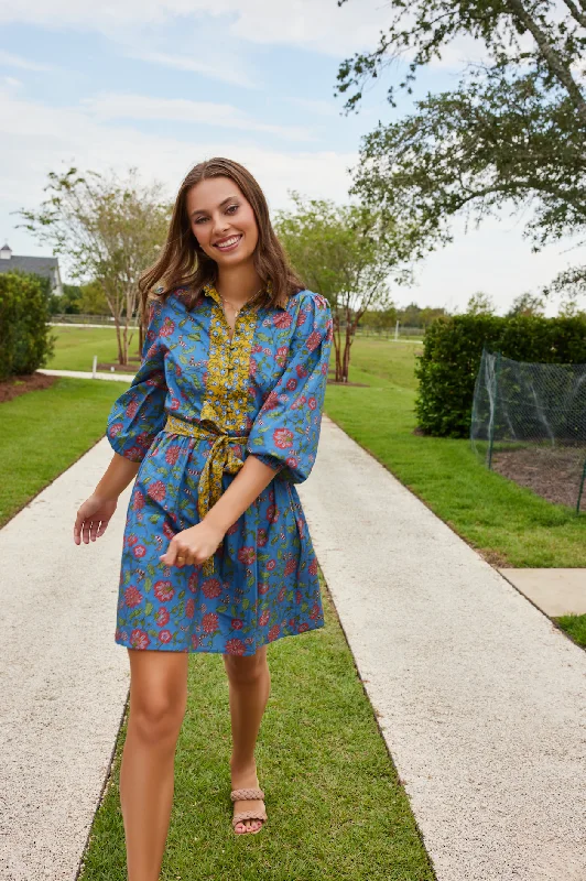 Halle Collared Belted Mini Dress in Blue Floral Fashionable Lace Mini Dress