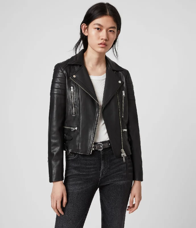 HALLEY LEATHER BIKER JACKET Front Pockets Side Pockets Patch Pockets