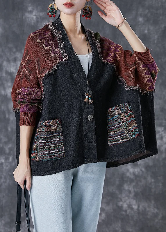 Handmade Black Oversized Patchwork Knit Denim Jackets Fall Satin Jacket Silk Jacket Chiffon Jacket Handmade Black Oversized Patchwork Knit Denim Jackets Fall Satin Jacket Silk Jacket Chiffon Jacket