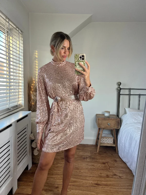 Hannah Sequin High Neck Mini Dress / Rose Gold Cozy Sweater Mini Dress