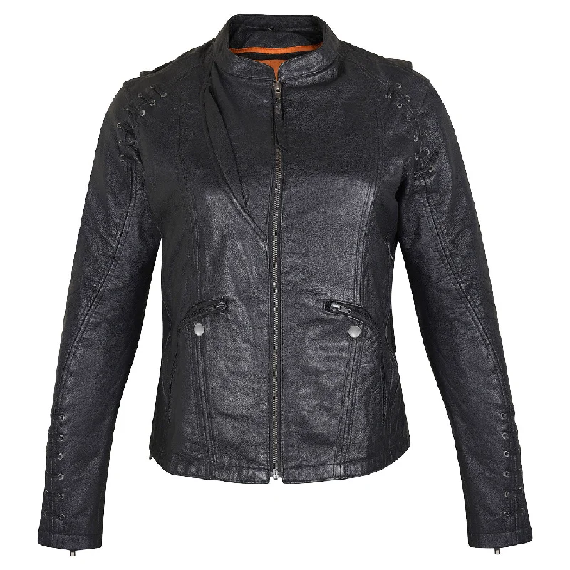 HML638B High Mileage Ladies Lightweight Black Goatskin Jacket w/ Grommeted Twill and Lace Highlights Front Pockets Side Pockets Patch Pockets