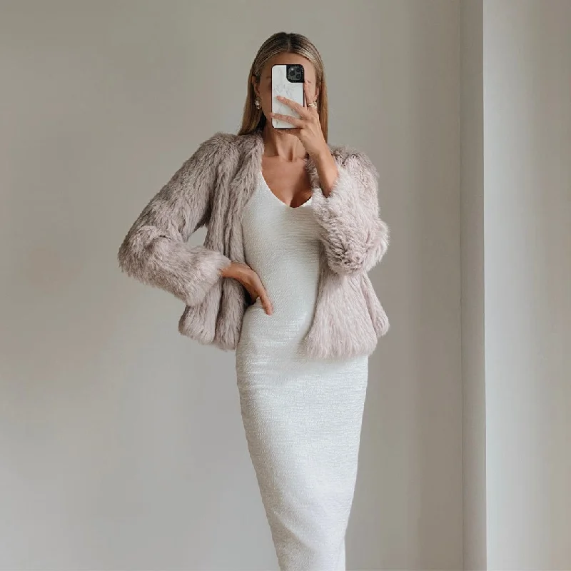 JANE Beige Long Sleeve Classic Fur Jacket Jacket Blazer Coat