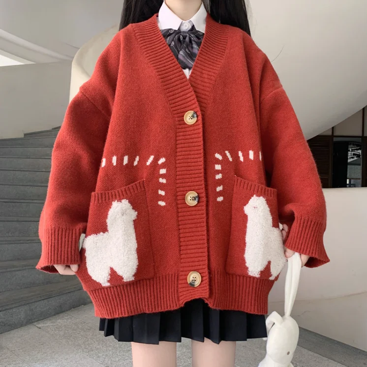 Japanese cute sheep knitted jacket yv30364 Welt Pockets Slit Pockets Flap Pockets