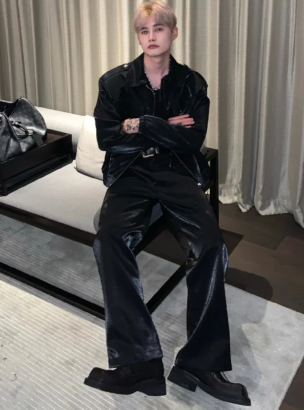 Juan Solid Color Silver Reflective Zip Up Long Sleeve Jacket High Waist Straight Leg Pants Matching Set Front Pockets Side Pockets Patch Pockets Juan Solid Color Silver Reflective Zip Up Long Sleeve Jacket High Waist Straight Leg Pants Matching Set Front Pockets Side Pockets Patch Pockets