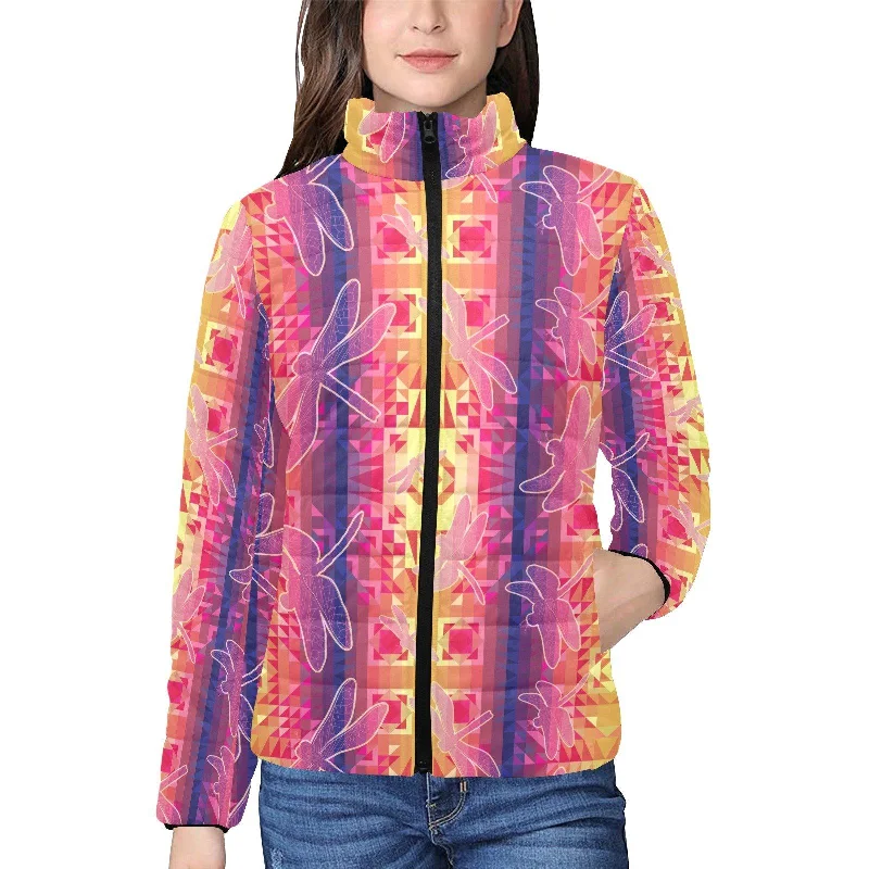 Kaleidoscope Dragonfly Women's Stand Collar Padded Jacket Denim Jacket Leather Jacket Suede Jacket